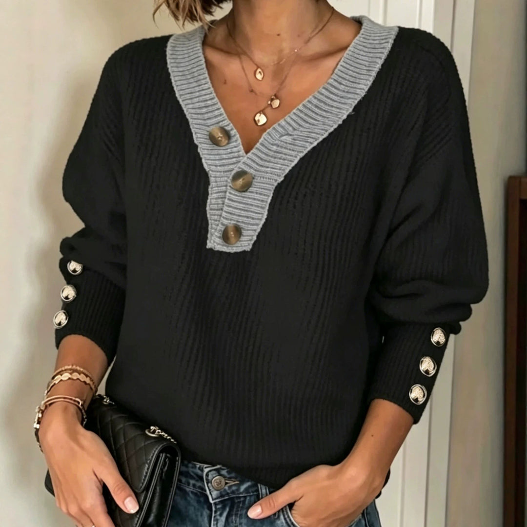 Damen Feinstrickpullover mit tiefem V-Ausschnitt, kontrastierter Knopfleiste und Zierknopf-Ärmeln Drune