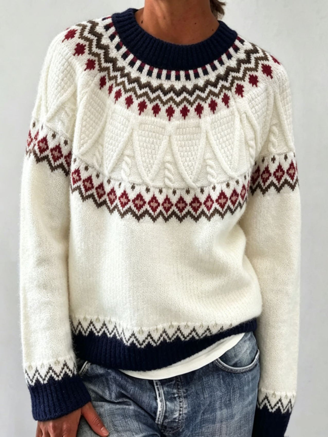 Damen Rundhalsausschnitt Norweger-Pullover mit Fair-Isle-Jacquard Drune