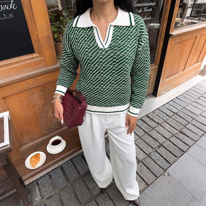 Damen Eleganter Pullover mit Polokragen und Zickzackmuster Drune