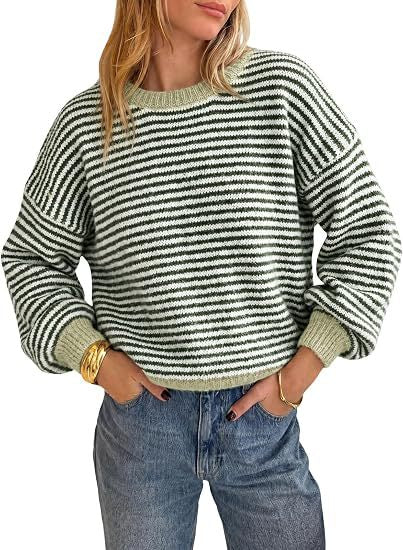 Damen Gestreifter Rippstrick-Pullover mit Kontrast-Bündchen Drune