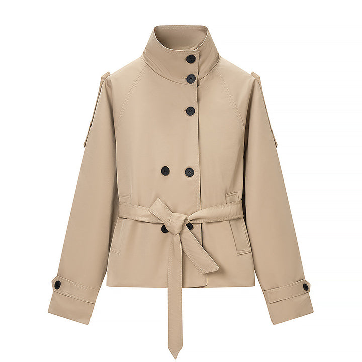 Damen Kurz-Trenchjacke im Cropped-Schnitt mit Funnelkragen und Bindegürtel Drune