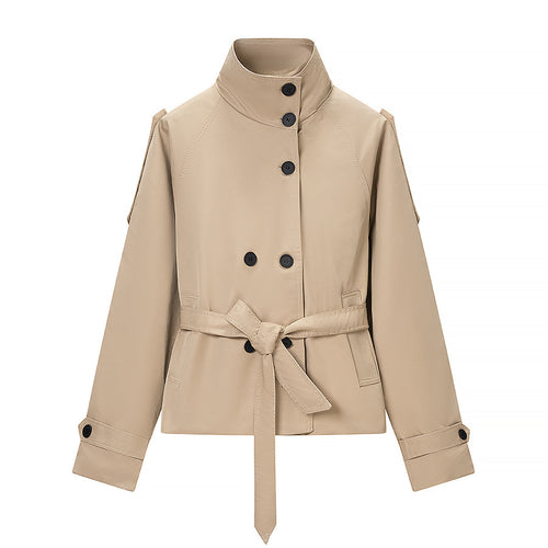 Damen Kurz-Trenchjacke im Cropped-Schnitt mit Funnelkragen und Bindegürtel Drune