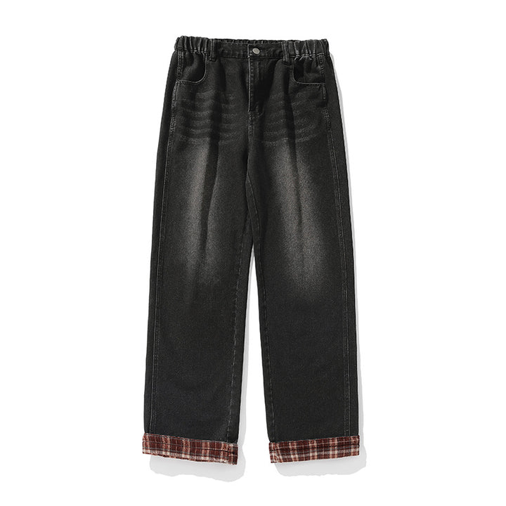 Damen Weite Denim-Palazzo-Hose mit elastischem Rüschbund und karierter Umschlagkante Drune