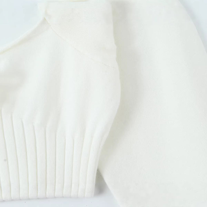 Damen Cropped-Feinstrickpullover mit taillierter Rippenstruktur, V-Ausschnitt, Rüschenbesatz und Ballonärmeln Drune
