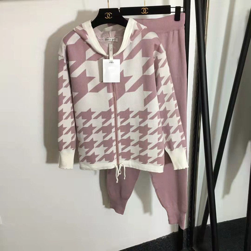 Damen modisches Strick-Loungewear-Set mit auffälligem Hahnentrittmuster Drune