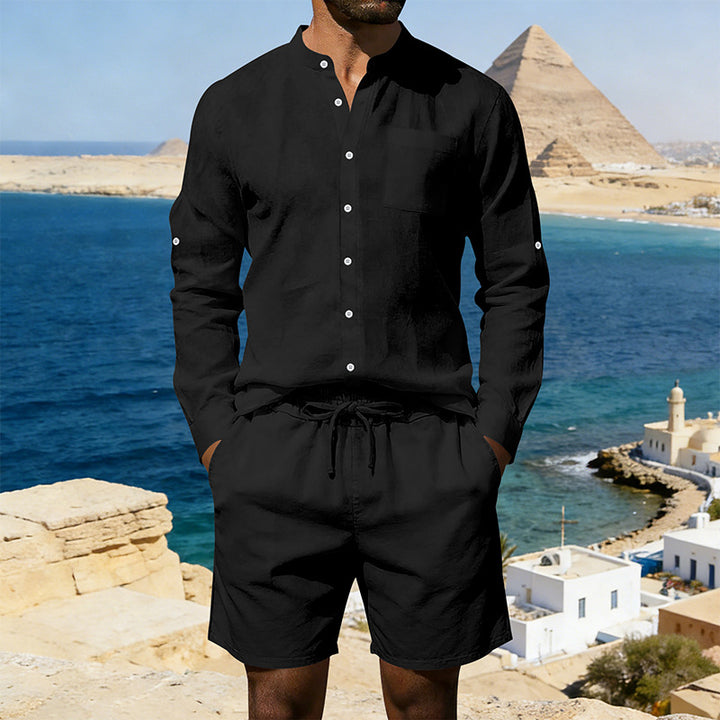 Herren nan sommerliches Leinen-Set mit Stehkragenhemd und Kordelzug-Kurzhose Drune