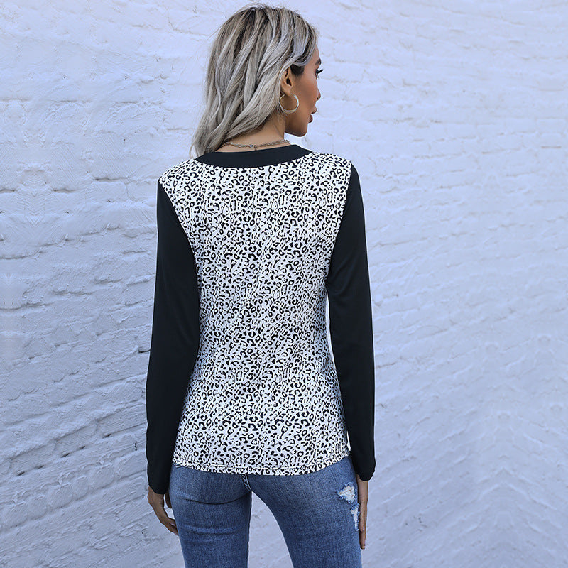 Damen Langarmshirt im Animal-Print mit kontrastierenden Ärmeln, Knopfleiste und Brusttaschen Drune