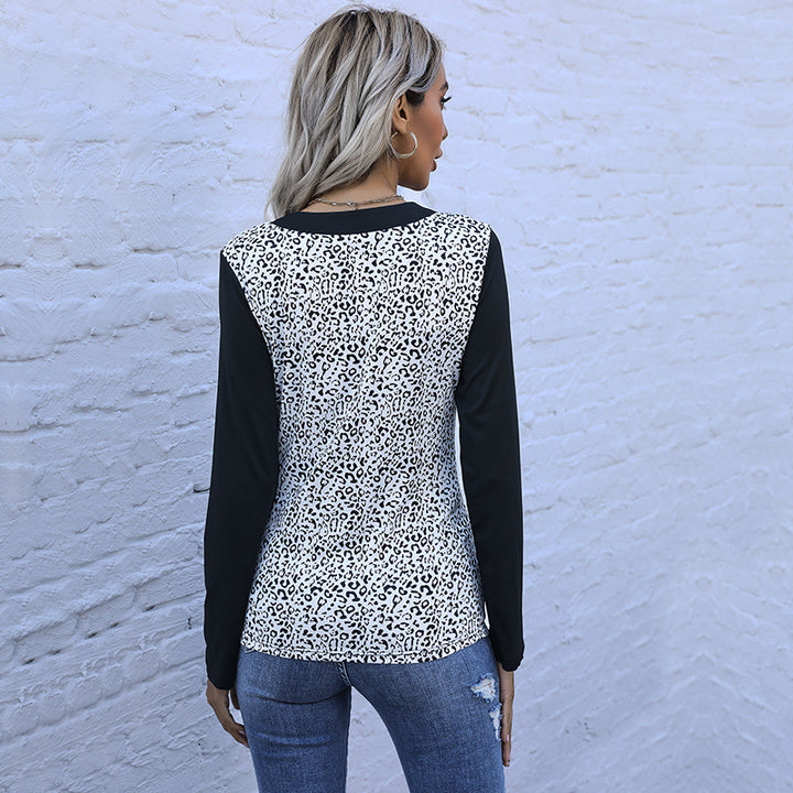 Damen Langarmshirt im Animal-Print mit kontrastierenden Ärmeln, Knopfleiste und Brusttaschen Drune