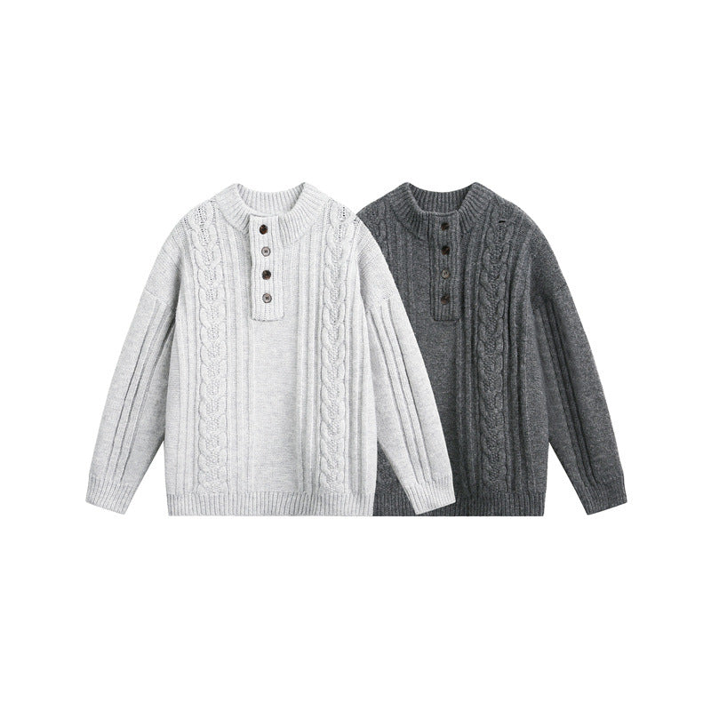 Damen Grobgestrickter Zopf‑Strickpullover mit Henley‑Knopfleiste und Stehkragen Drune