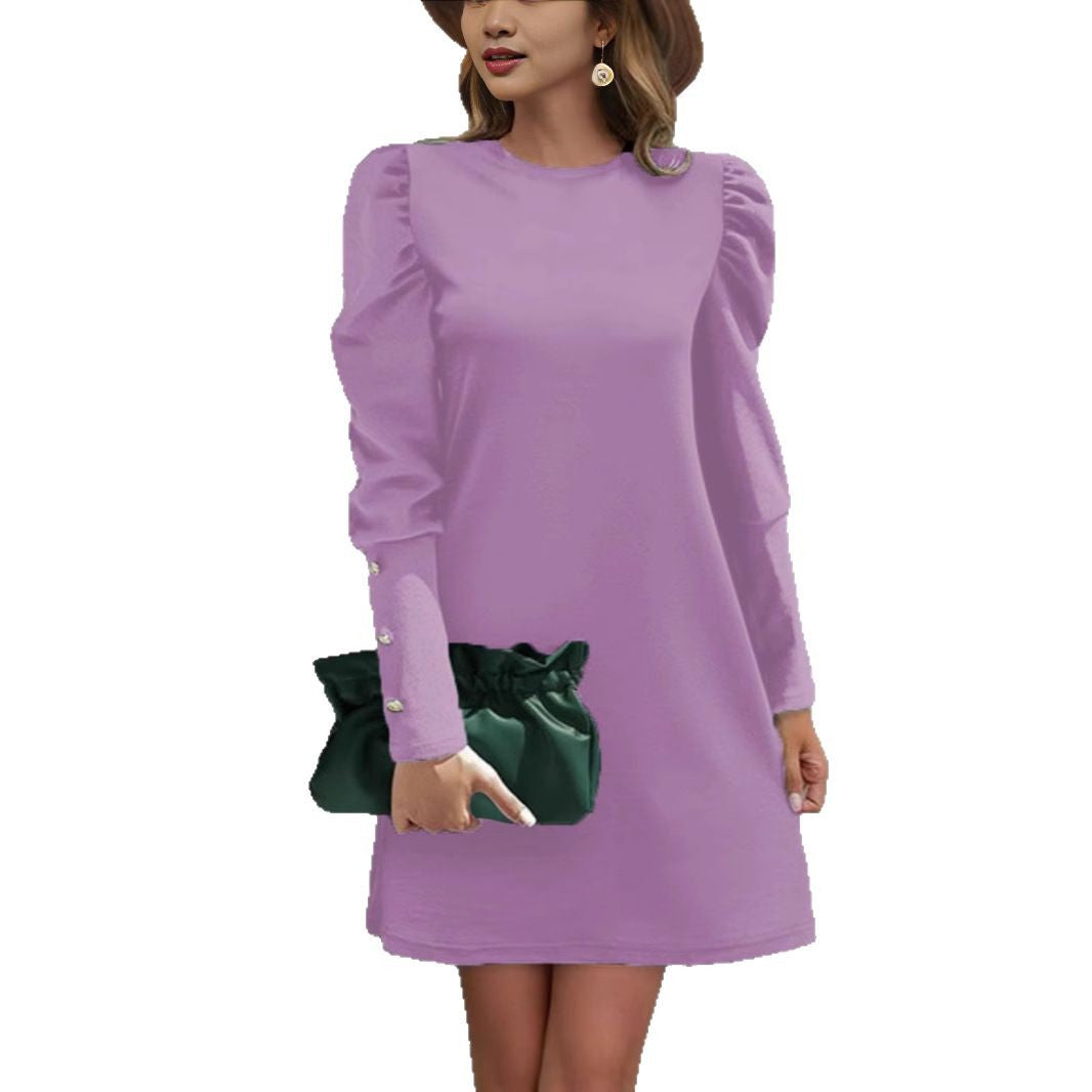 Damen Elegantes A-Linien-Minikleid mit betonten Puffärmeln und Perlenknopf-Ärmelmanschetten Drune