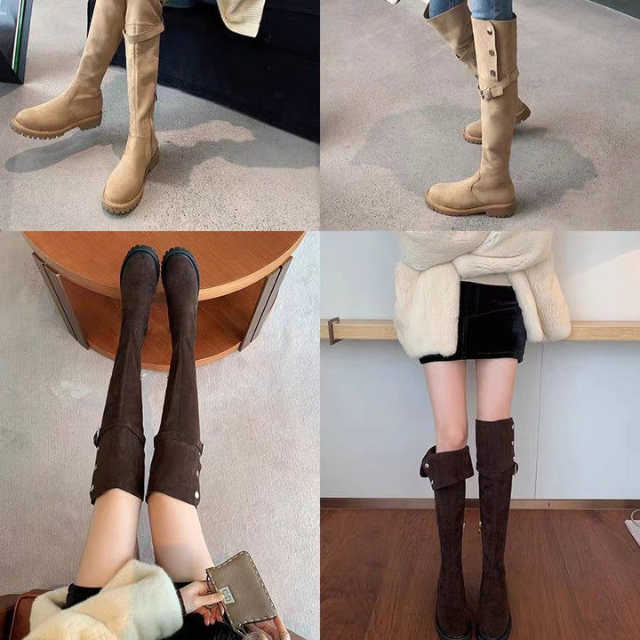 Damen Kniehohe Velours-Winterstiefel mit umklappbarer Schaftrand‑Fütterung und profilierter Lug‑Sohle Drune