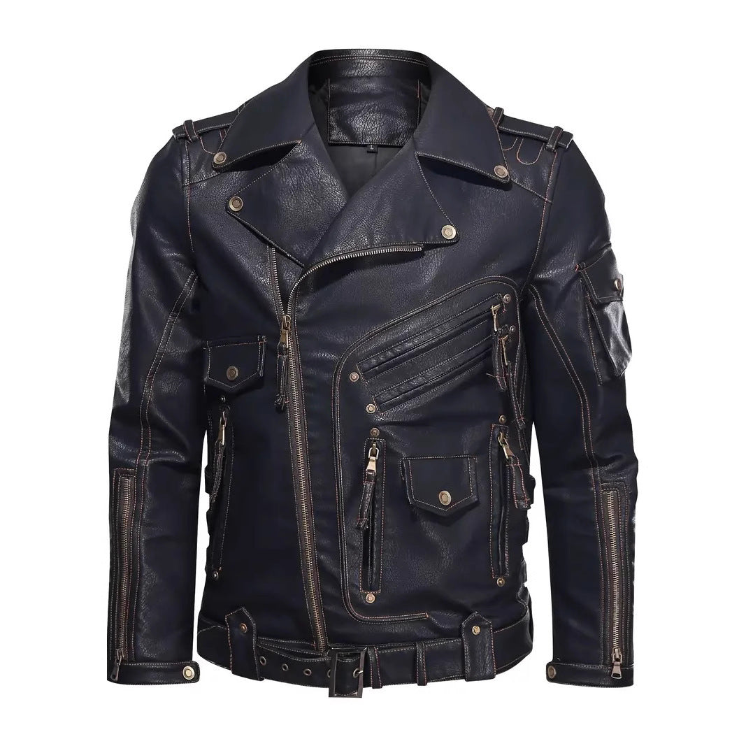 Herren Stylische Bikerjacke mit Mehreren Reißverschlusstaschen und Gürteldetail Drune