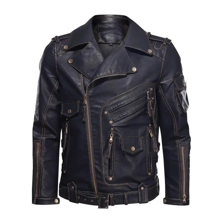 Herren Stylische Bikerjacke mit Mehreren Reißverschlusstaschen und Gürteldetail Drune