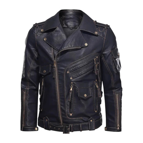 Herren Stylische Bikerjacke mit Mehreren Reißverschlusstaschen und Gürteldetail Drune