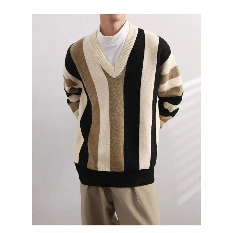 Herren Modischer Grobstrickpullover mit V-Ausschnitt Drune