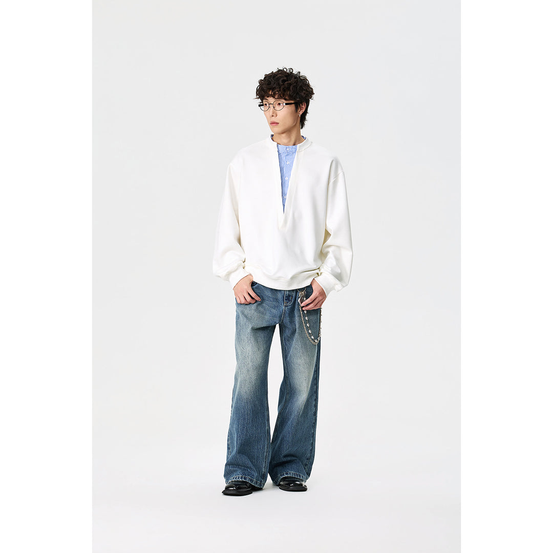 Unisex Oversize-Sweatshirt mit tiefem V-Ausschnitt und eingenähtem Hemdkragen-Einsatz Drune