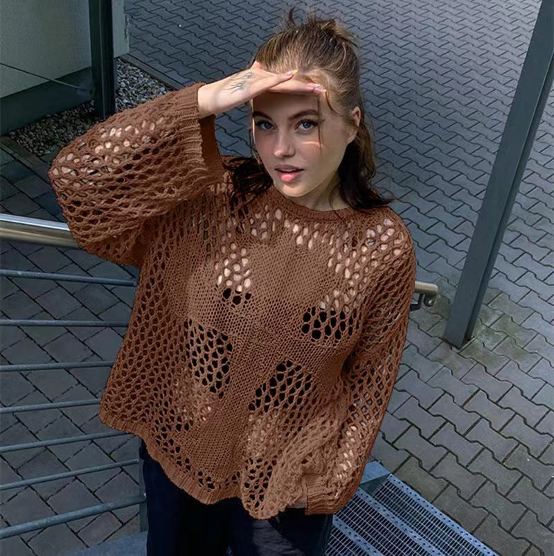 Damen luftiger Strickpullover mit offenem Netzdesign Drune