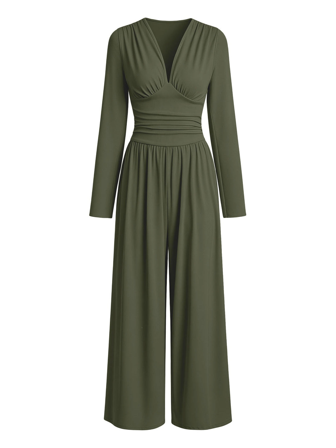 Damen Eleganter V‑Ausschnitt Jumpsuit mit tailliertem Wickelbund und weitem Hosenbein Drune