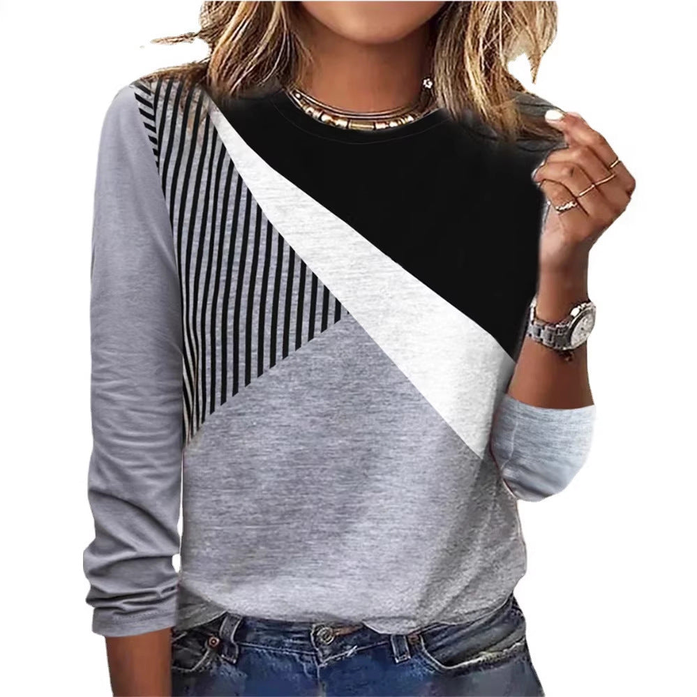 Damen Farbblock Langarmshirt mit schrägem Streifenmuster und Rundhalsausschnitt Drune