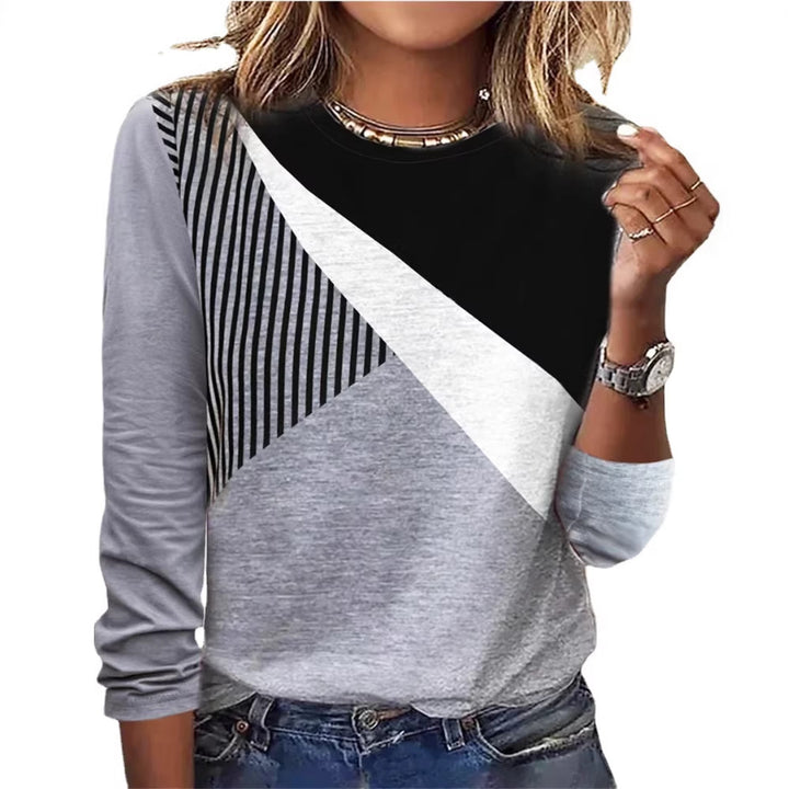 Damen Farbblock Langarmshirt mit schrägem Streifenmuster und Rundhalsausschnitt Drune
