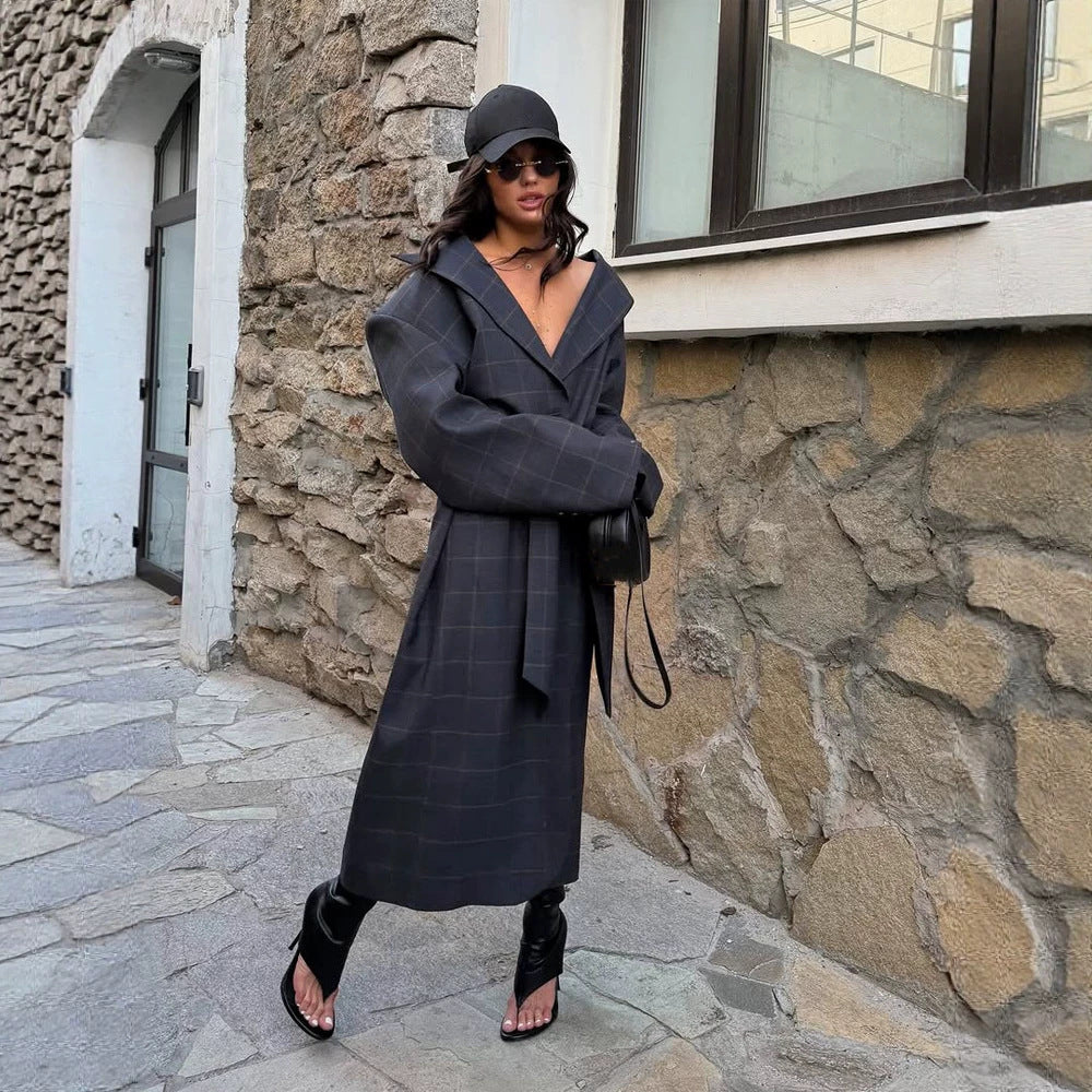 Damen Oversize Wickelmantel mit weitem Schalkragen und Bindegürtel Drune