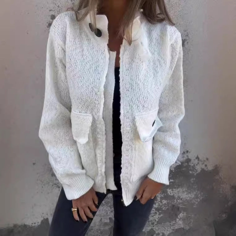 Damen weiche Strickjacke mit wärmeisolierendem Kragen und aufgesetzten Taschen Drune