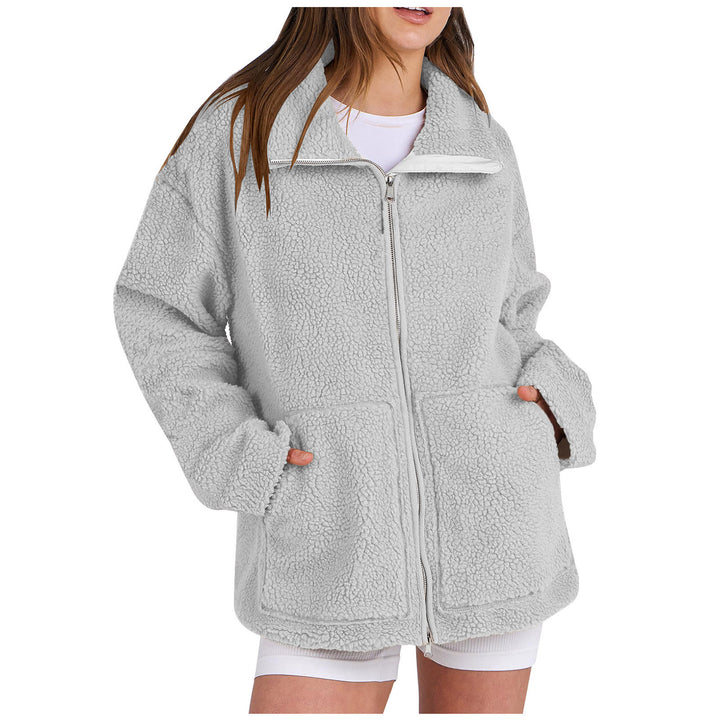 Damen nan oversized Teddyfelljacke mit Stehkragen Reißverschluss und aufgesetzten Taschen Drune