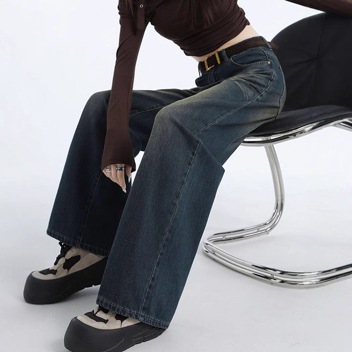 Damen weiter geschnittene Jeans mit hohem Bund und modischem Waschung Drune