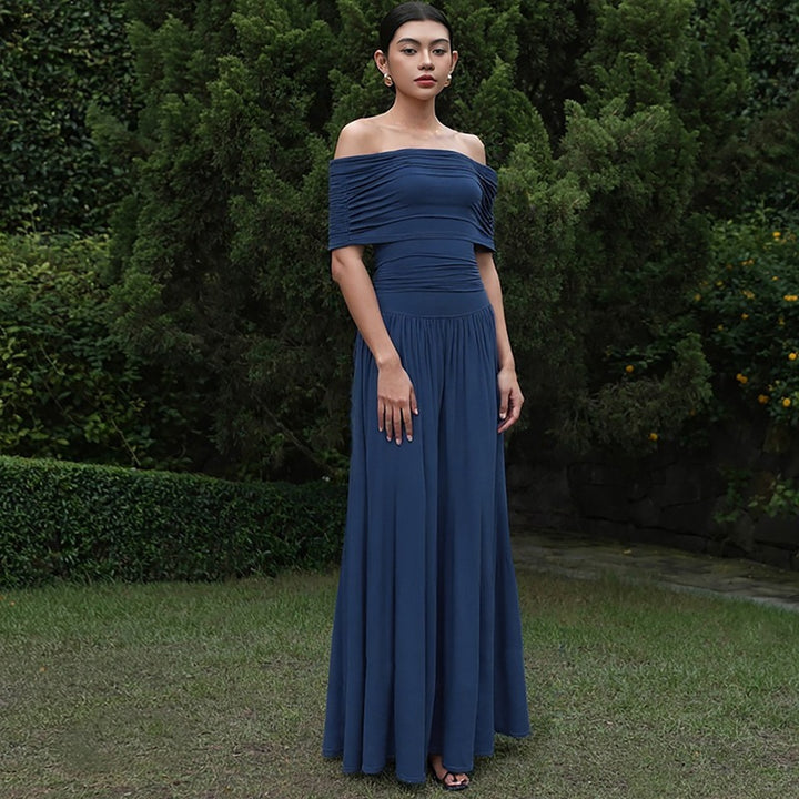 Damen Elegantes Maxikleid mit schulterfreiem Design und Raffung Drune