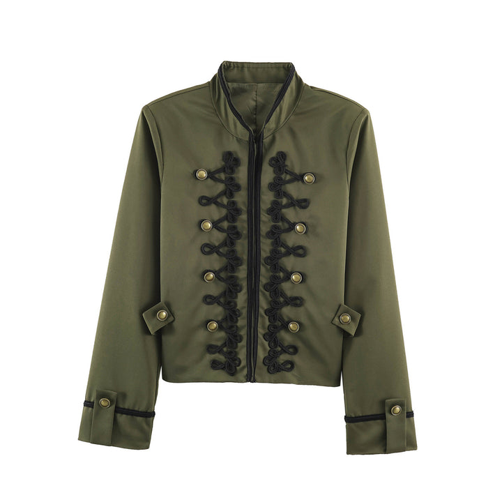 Damen Cropped-Kurzblazer im Kavallerie-Stil mit dekorativen Kordelriemen und Messingbuttons Drune