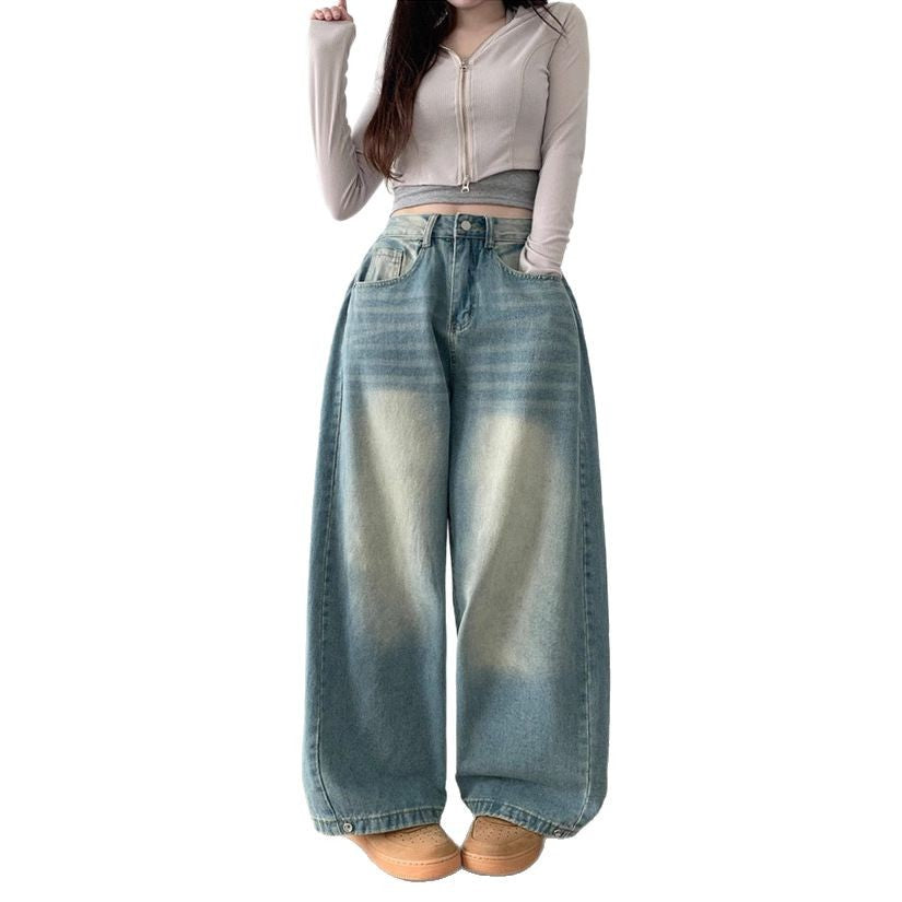 Damen Weite High-Waist Denim-Hose mit Faltenwurf Drune