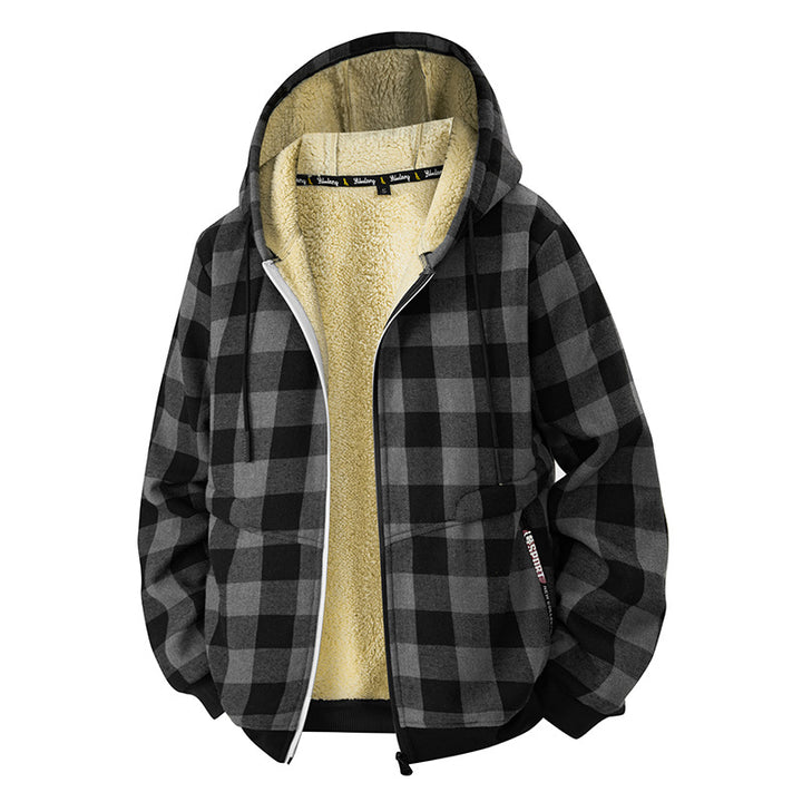 Herren karierte Teddyfleece Kapuzenjacke mit Sherpa-Innenfutter und Reißverschluss Drune