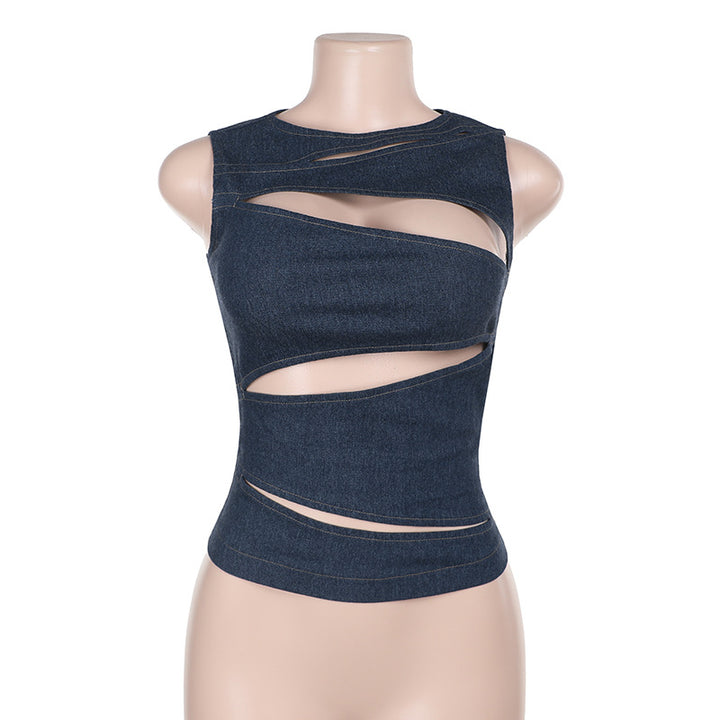 Damen figurbetontes Denim-Top mit asymmetrischen Cut-Outs und stylischem Design Drune