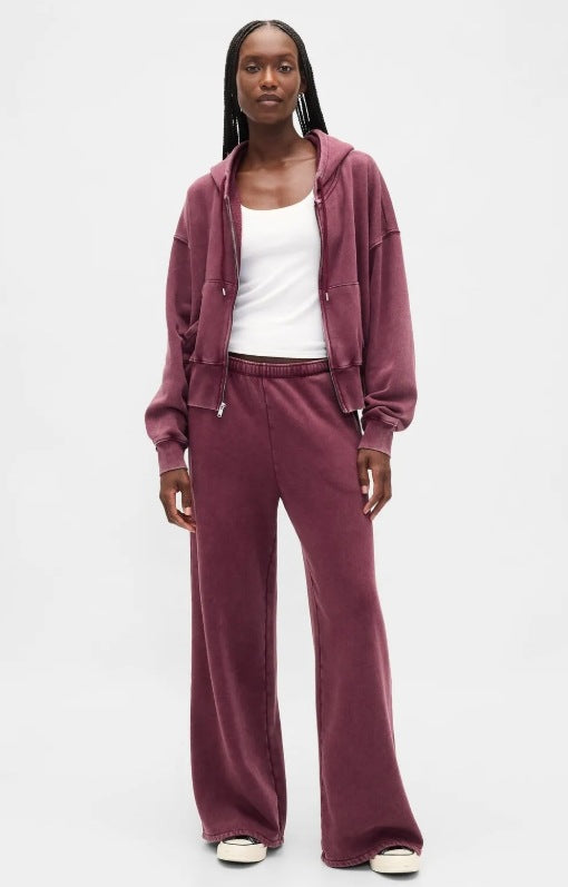 Damen nan zweiteiliges Frottee-Loungewear-Set mit Reißverschluss-Kapuzenjacke und weit geschnittener Jogginghose Drune