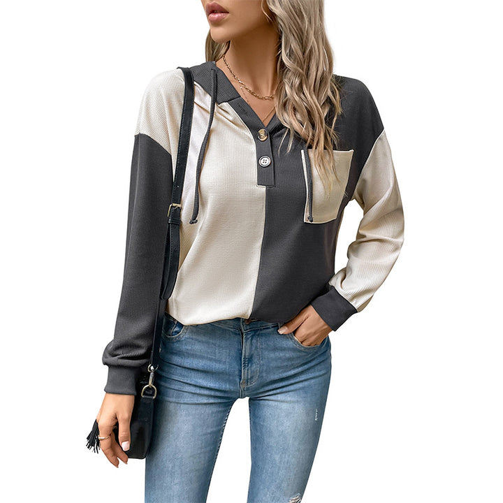 Damen Lässiges Colorblock-Hoodie-Henley mit Waffelstruktur und Brusttasche Drune