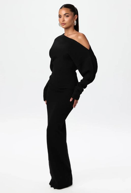 Damen One-Shoulder Maxi Strickkleid mit Übergroßen Ärmeln Drune