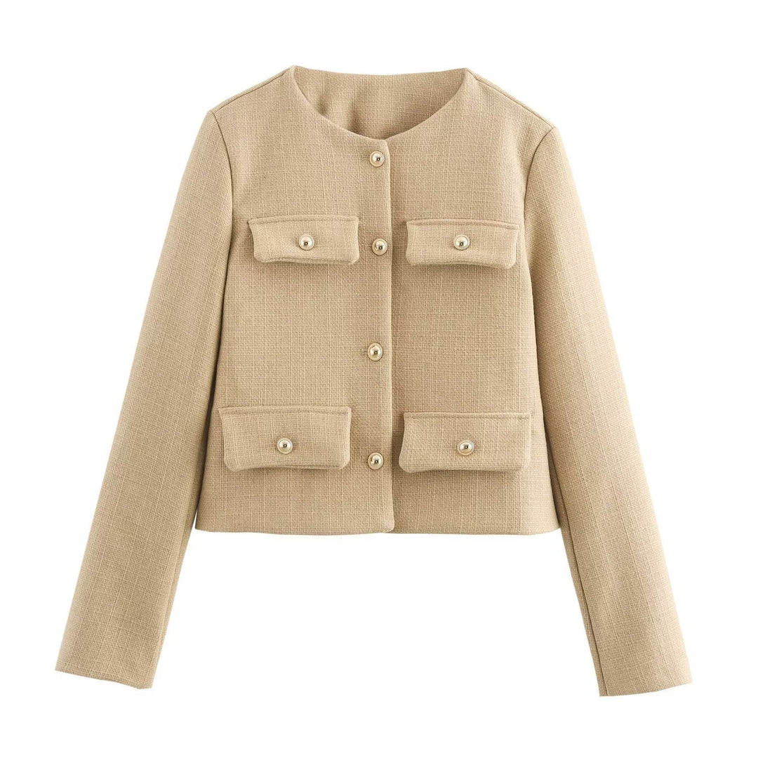 Damen Kurze Bouclé-Blazerjacke mit Rundhalsausschnitt, Zierleistentaschen und goldfarbenen Knöpfen Drune