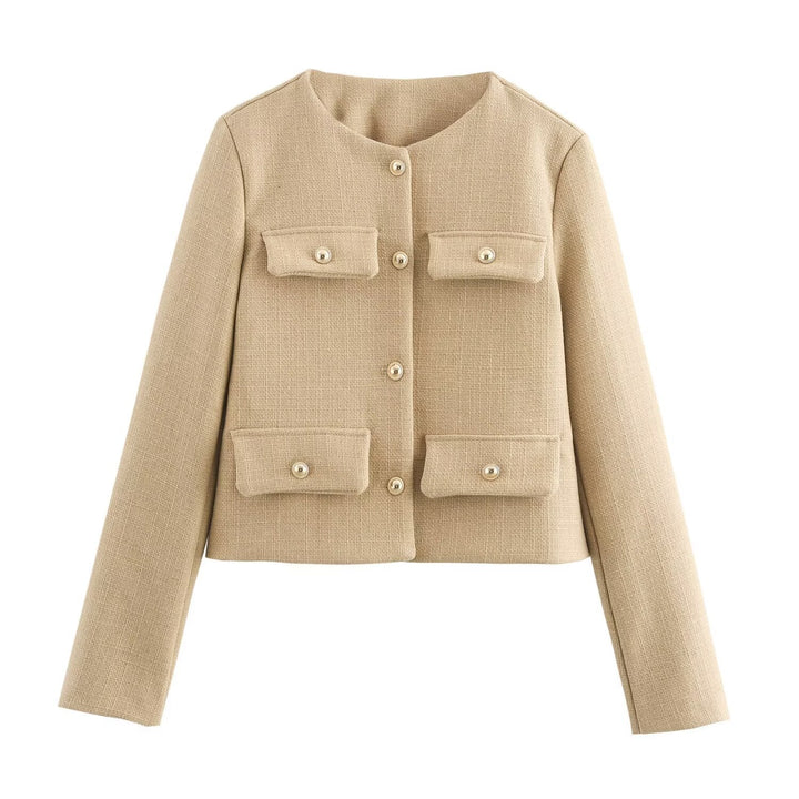 Damen Kurze Bouclé-Blazerjacke mit Rundhalsausschnitt, Zierleistentaschen und goldfarbenen Knöpfen Drune