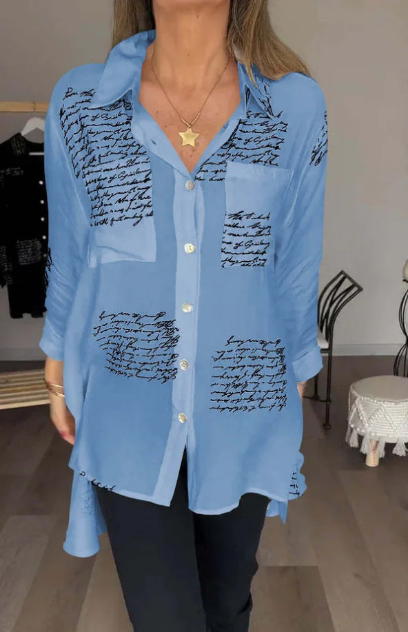 Damen Oversize Hemd Bluse aus leichtem Chiffon mit Text-Patch-Druck und aufgenähter Brusttasche Drune
