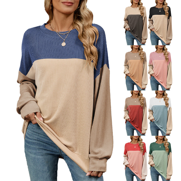 Damen Sweatshirt mit modischem Rippdesign und farblich abgesetzten Ärmeln Drune