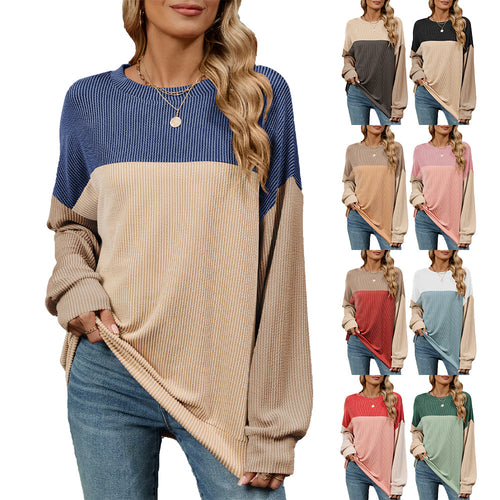 Damen Sweatshirt mit modischem Rippdesign und farblich abgesetzten Ärmeln Drune
