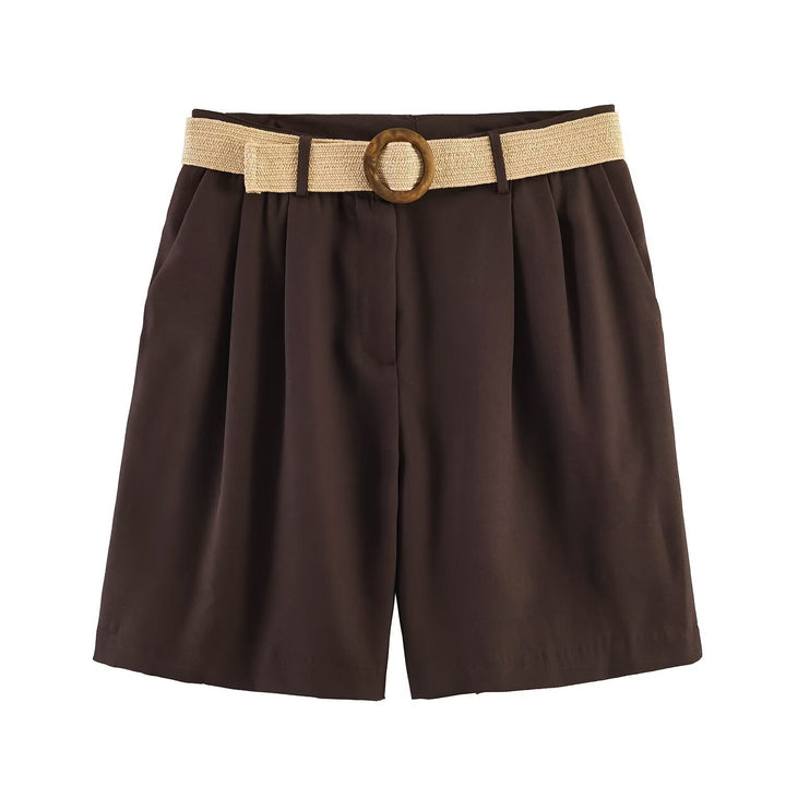 Damen elegante Shorts mit breitem, geflochtenem Gürtel Drune