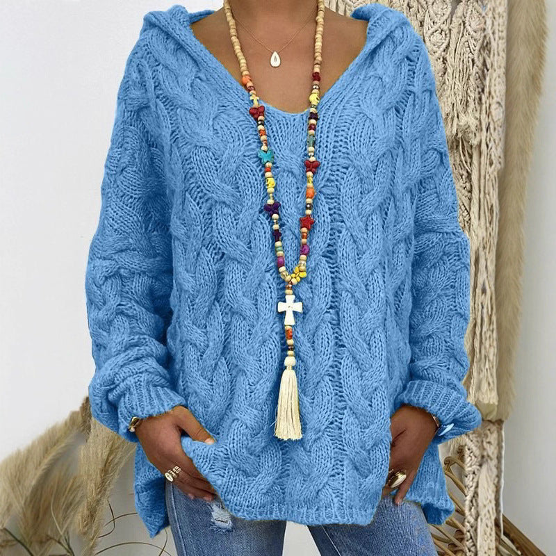 Damen Oversized Zopfmuster-Strickpullover mit Kapuze und lässigem V‑Ausschnitt Drune