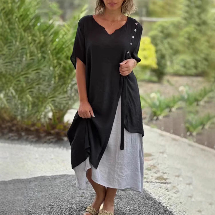 Damen nan zweilagiges Lagenkleid mit asymmetrischem Saum und Zierknopfleiste Drune