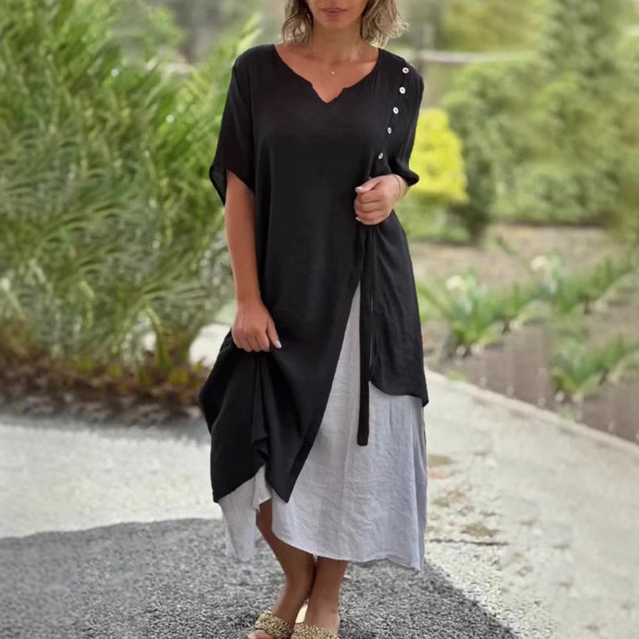 Damen nan zweilagiges Lagenkleid mit asymmetrischem Saum und Zierknopfleiste Drune