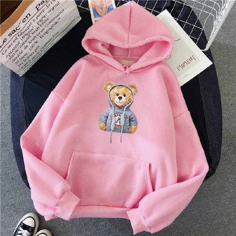 Unisex nan lässiger Oversize Kapuzenpullover mit Teddy-Frontprint, Kängurutasche und weichem Fleece-Innenfutter Drune