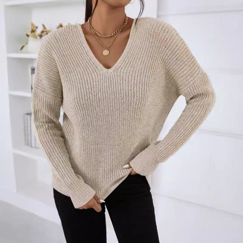 Damen V-Ausschnitt Strickpullover mit breiten Ärmeln und weichem Material Drune