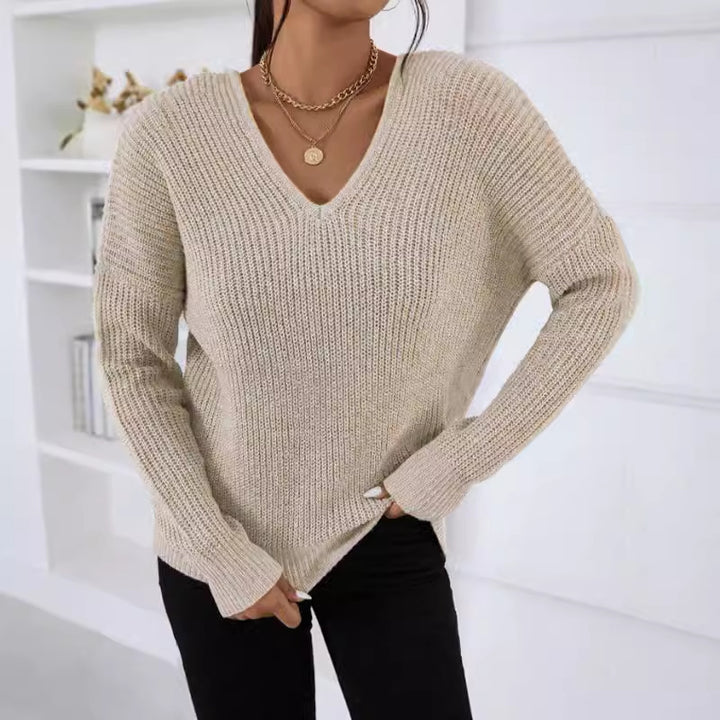 Damen V-Ausschnitt Strickpullover mit breiten Ärmeln und weichem Material Drune