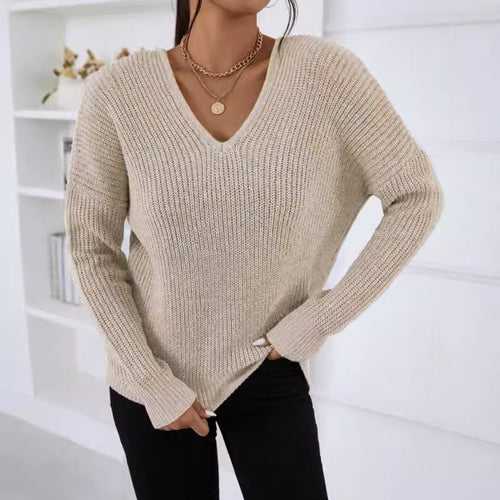 Damen V-Ausschnitt Strickpullover mit breiten Ärmeln und weichem Material Drune