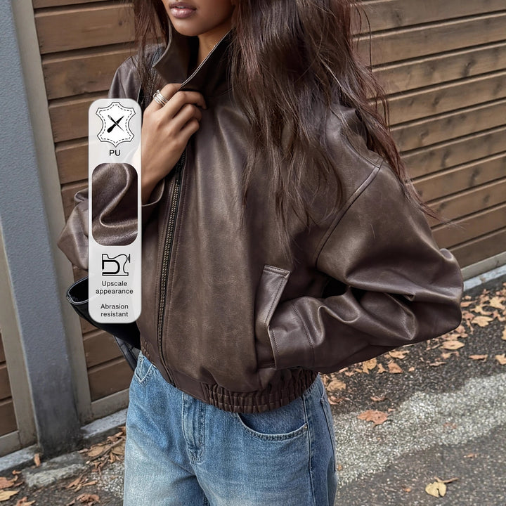 Damen Oversize Kunstlederjacke im modernen Look mit praktischem Reißverschluss und elastischem Bund Drune